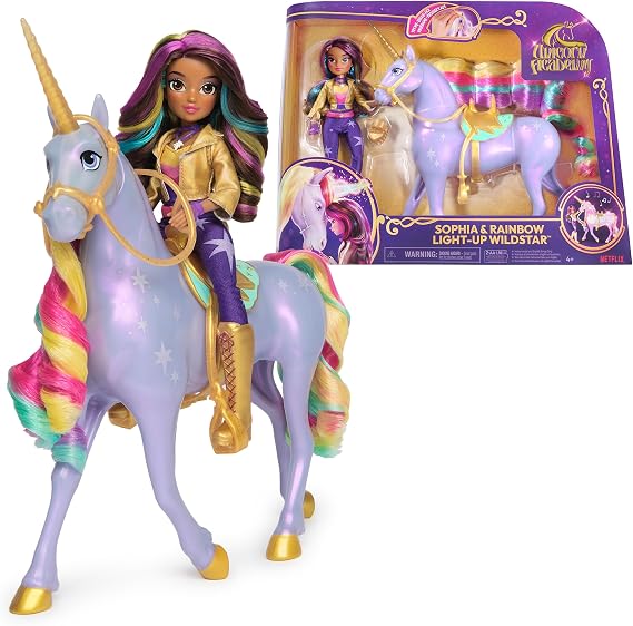 Unicorn Academy Sophia ve ışık büyüsü Wildstar – sevilen Netflix serisinden yakl. 28 cm boyda tek boynuzlu at, ışık ve ses efektleri ve 24 cm boyunda tam hareketli giydirme bebeği 4 yaş+ çocuklar için