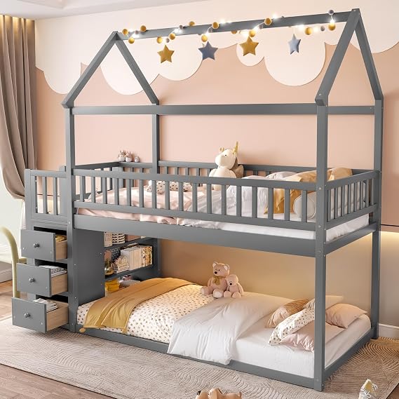Bellemave Bunk Bed Twin Over Twin, Bunk Bed with Slides and Stairs, House Bunk Bed with roof, Twin bunk Bed for Kids, Teens, Kids bunk beds, Gray