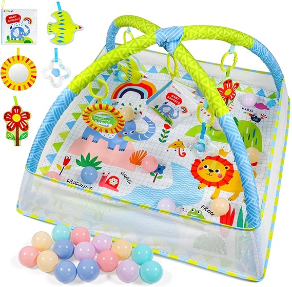 Dr.Rapeti Baby Play Mat, Baby Play Gym, Playmat & Floor Gyms, Baby Ball Kit | 32x32inches Activity Gym Mat, Play Mat with Play Arch, Thick Non Toxic Playmats, Sensory Exploration Motor Skill Development