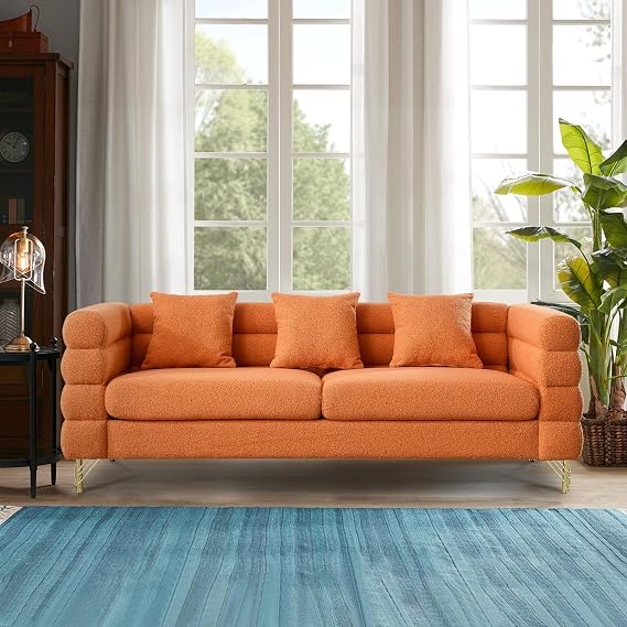 Orange Boucle Sofa Couch Orange with Deep Seat, Modern Comfy 3 Seater Sofas Loveseat Love Seat with Gold Legs Curved Cloud Couches Sherpa Cozy Teddy Upholstered Bedroom Living Room Furniture