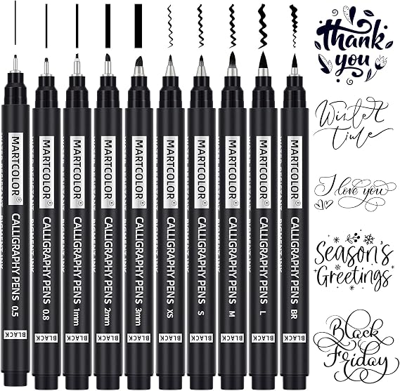 MARTCOLOR 10 Size Calligraphy Pens for Writing, Brush Pen Calligraphy Set | Calligraphy Pens for Beginners, Calligraphy Brush Pens, Hand Lettering Pen for Art Drawing, Sketching, Scrapbooking