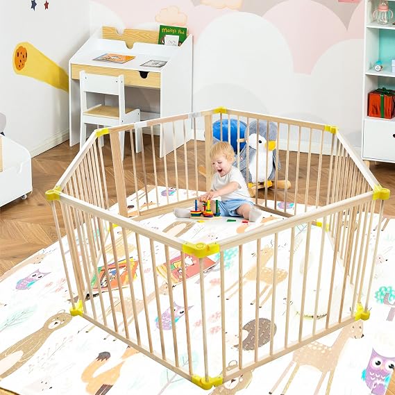 Folding Wooden Baby Playpen with Gate, Safe Material Toddler Play Yards, Portable Baby Fence with Anti-Slip Bases and 27.6'' Height, Ideal for Babies and Toddlers