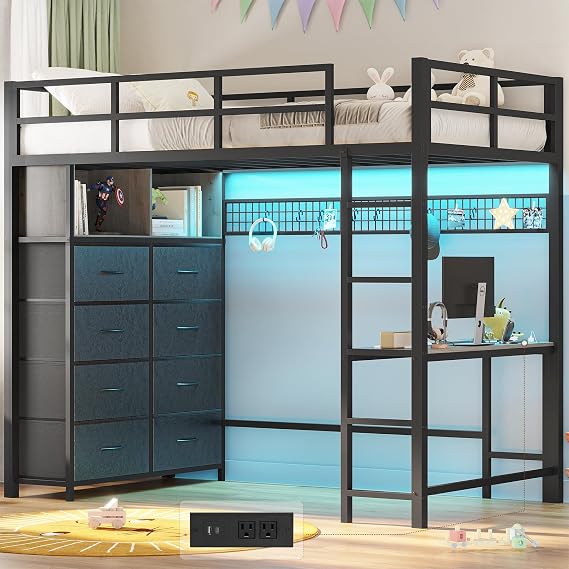 ADORNEVE Twin Size Loft Bed with Desk and 8 Storage Drawers, Metal Loft Bed Twin with LED Lights & Charging Sation, Storage Shelves, 13.1 H Safety Guard & Ladder, No Box Spring Needed, Grey