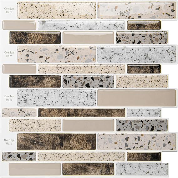 Art3dwallpanels 10-Sheet Peel and Stick Backsplash Tile Stickers, Stick on Backsplash for Kitchen Stone Design 12"x12" Brown