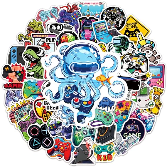 50 Pcs Gamepad Kids Stickers, Waterproof Vinyl Gaming Stickers | Assorted non-repeating designs, for boys, water bottles, controllers, laptops, fun decorative accessories