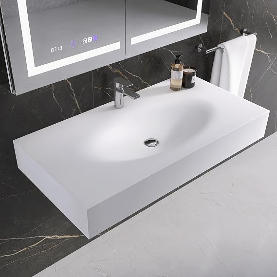 42"x22" Wall-Mounted Stone Resin Rectangular Vessel Sink, Modern Floating Bathroom Sink for Vanity, Art Basin Trough, Durable and Stylish Bathroom Sink for Modern Homes