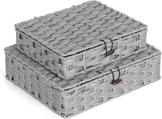 2-Pack Plastic Woven Flat Storage Boxes 11"x9.25"x2.75" & 13"x11.2"x3.5"