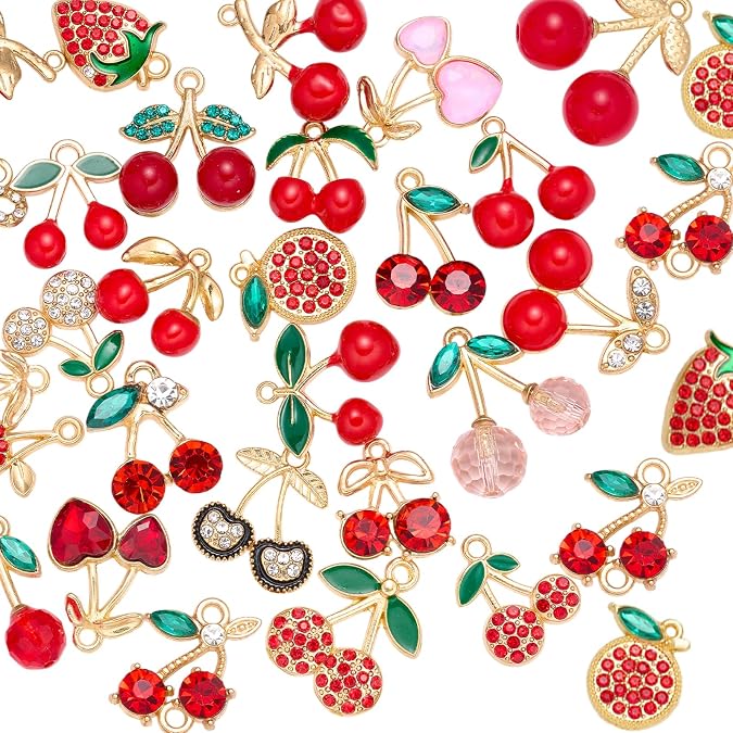 Strawberry Cherry Enamel Charms for Jewellery Making, 30 Pcs