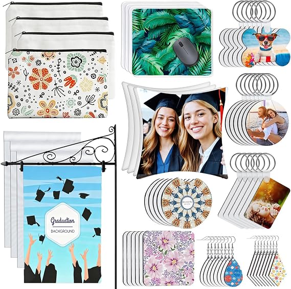114Pcs Sublimation Blanks Products, Sublimation Blanks Set Including DIY Blank Makeup Bag, Keychain, Earring, Pillow Cover, Mouse Pad, Coaster, Garden Flag for Sublimation Transfer Heat Transfer Craft