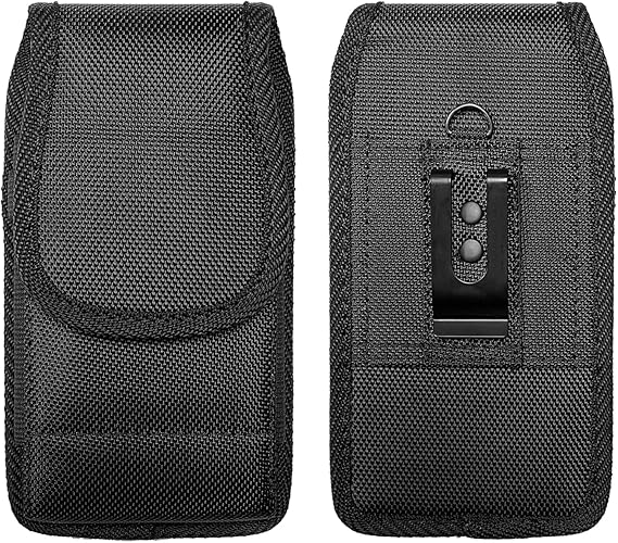 Nylon Cellphone Holster for Samsung Galaxy A23 A53 A36,S23 S24 S25+,FE, iPhone 12 13 14 15 16 17 Pro,TCL ION X V-Vertical Case Canvas Waist Carrying Pouch with Belt Clip/Loops, Black