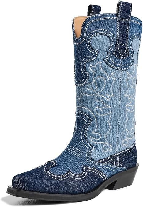Ganni Women's Mid Shaft Embroidered Denim Western Boots