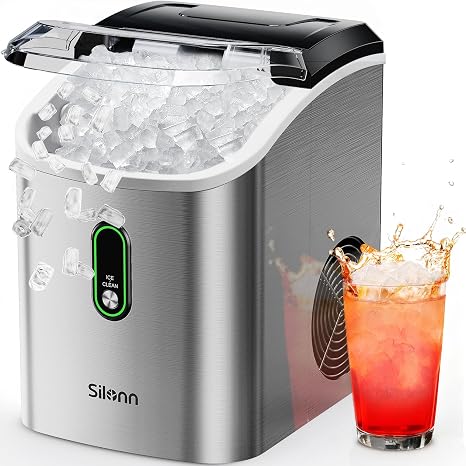 Silonn Nugget Ice Maker Countertop, Pellet Ice Machine with Self-Cleaning Function, Sonic Ice Maker Produces 36lbs of Chewable Ice in 24 Hours, Ideal for Home Kitchen and Office (Stainless Steel)
