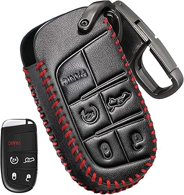 Slohif Key Fob Cover Keychain Accessories for Jeep for Grand Cherokee Renegade Chrysler 200 300 Dodge RAM Durango Charger Challenger Journey Dart Fiat 5 Buttons, leather CaseD-RingHookBlack