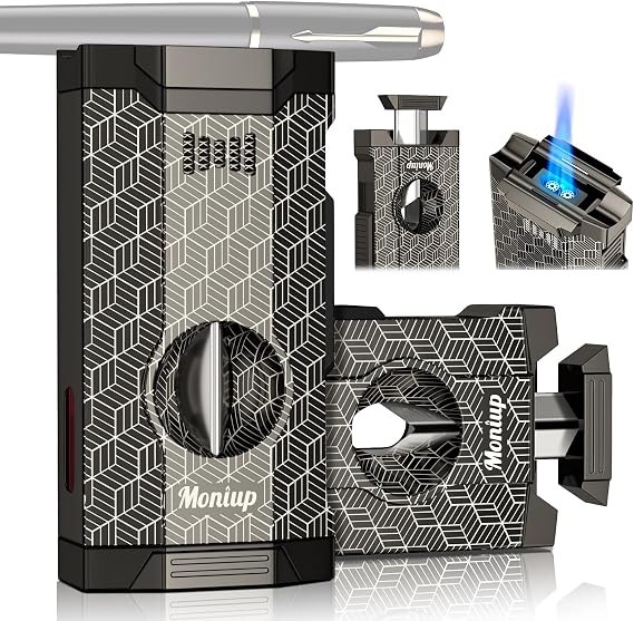 All-in-one Torch Lighter with V Cut Cutter Built-in, Holder, Dual Jet Flames, Gifts for Men & Birthday Festival, Refillable Butane Lighters for Candles, Outdoors, Multifunctional Use