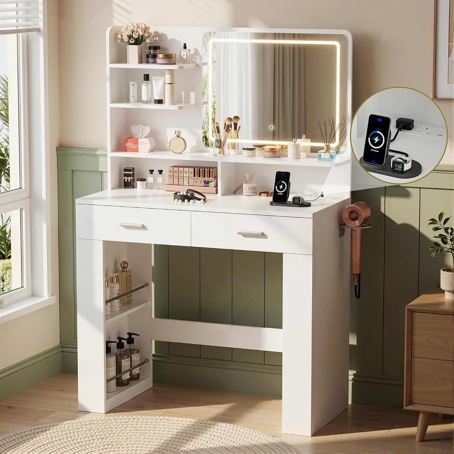 BonVache Dressing Table with LED Mirror, Vanity Desk with 3 Lighting Colours Mirror and Power Strip, Makeup Table Storage Set for Bedroom with 2 Drawers, 9 Open Shelves and Hair Dryer Holder, White
