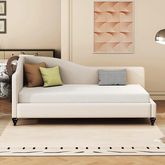 Beige Twin Size L-Shaped Daybed with Solid Wood Legs, Upholstered Linen Corner Sleeper Sofa Bed, No Box Spring Needed, Multi-Functional Futon Couch for Living Room/Guest Room