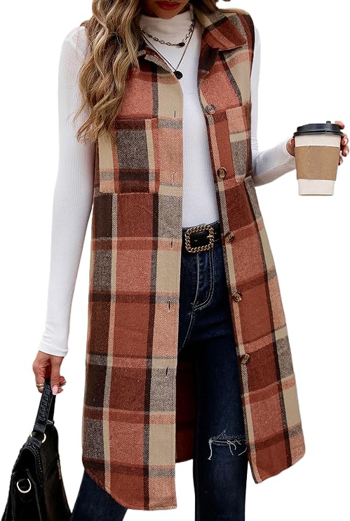 ZILIN Long Flannel Plaid Vest for Women Button Down Sleeveless Shacket Shirt Jacket with Pockets