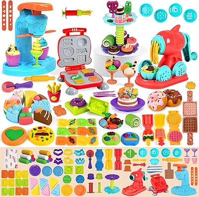 75 PCS 4 in 1 Dough Sets for Kids Ages 3-4-8, Art Crafts Dough Tools Kit, Ice Cream Playset Noodle Hamburger Maker Machine Dessert Rack, Kitchen Creations Food Play Toys Toddlers Boys Girls