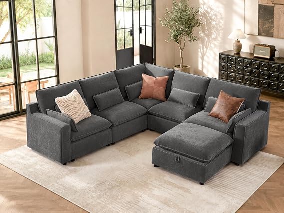 WorthFurni Modern Modular Sectional Sofa,105" V Shape Sectional Cloud Couch with Storage Ottoman,Comfty 6 Seat Sofa for Living Room,Grey Chenille