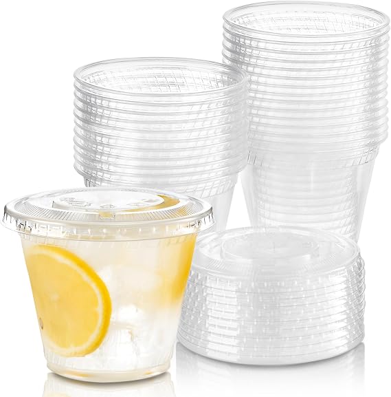 Fit Meal Prep 500 Pack 9 oz Clear Plastic Cups with Flat Lids, Disposable Iced Coffee Cups, BPA Free Premium Crystal Smoothie Cup for Party, Lemonade Stand, Cold Drinks, Juice, Milkshake