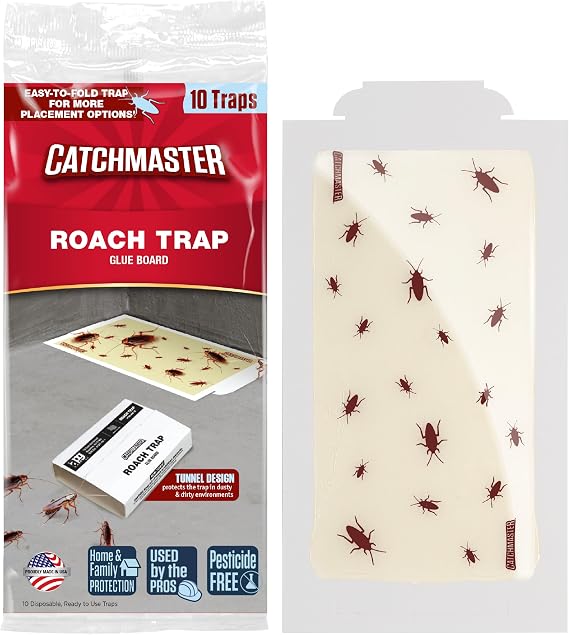 Catchmaster Roach Trap Glue Boards 10-Pk, Adhesive Bug Catcher, Scorpion, Spider, Cricket, Cockroach Traps for Home, Bulk Glue Traps for House & Garage, Pest Control for Home