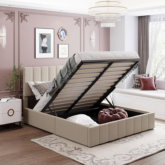 Bellemave Upholstered Queen Size Platform Bed with Hydraulic Storage System, Queen Size Bed Frame with Upholstered Headboard, Queen Bed with Hydraulic StorageSystem for Bedroom.(Beige)
