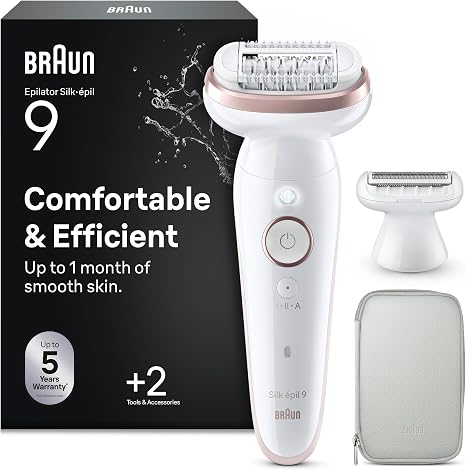 Braun Silk-épil 9 Women's Epilator with Swivelling Head for Easy Hair Removal Wet & Dry Long-Lasting Smooth Skin Waterproof Includes Razor Attachment and Trimmer Attachment 9-030 White/Pink