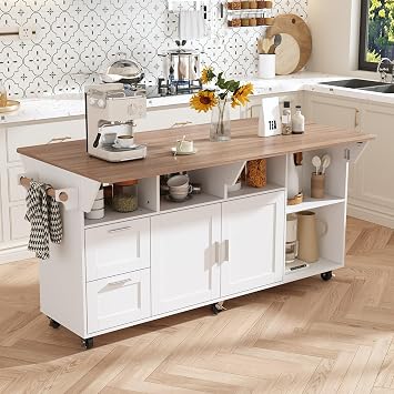63" Kitchen Island Cart with Folding Drop Leaf, Rolling Island Table with Adjustable Shelves, Towel Racks & Drawers, Kitchen Island Cart on Wheels