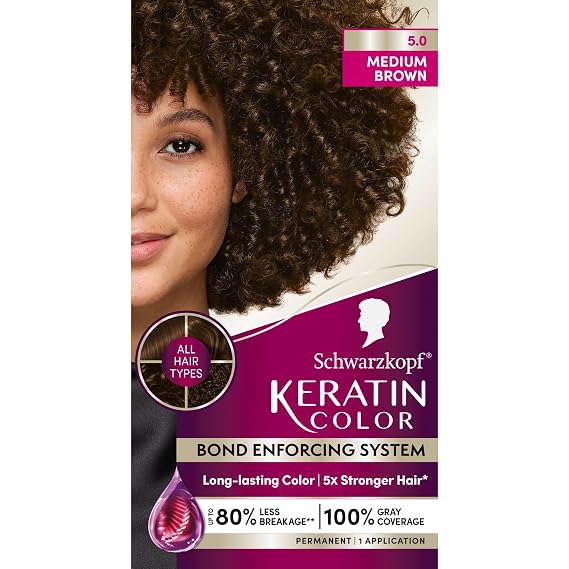 Schwarzkopf Keratin Color 5.0 Medium Brown Permanent Hair Dye | Covers grays up to 100%, Strengthens hair with Bond Enforcing System, Soft, even result, Deep nourishing effect
