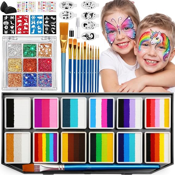 Face Painting Kit for Kids, 50 Split Colors with Glitter Shades