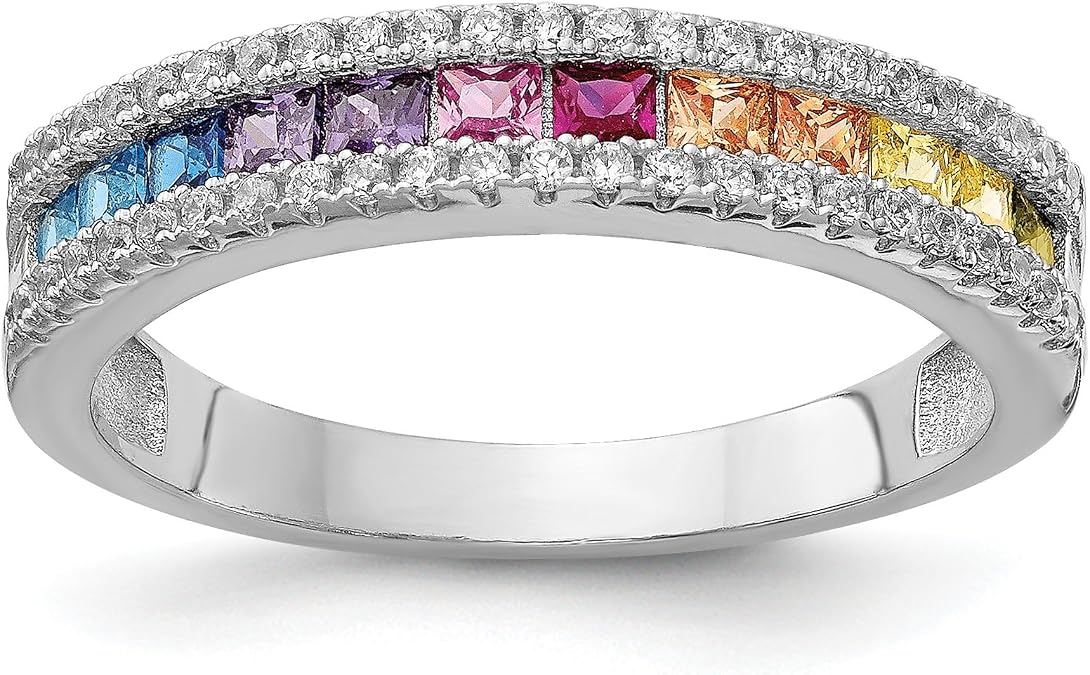 Prizma Rainbow Multi-Colored CZ Stones & 925 Sterling Silver Rhodium-plated Princess White and Colorful Channel-Set CZ Ring