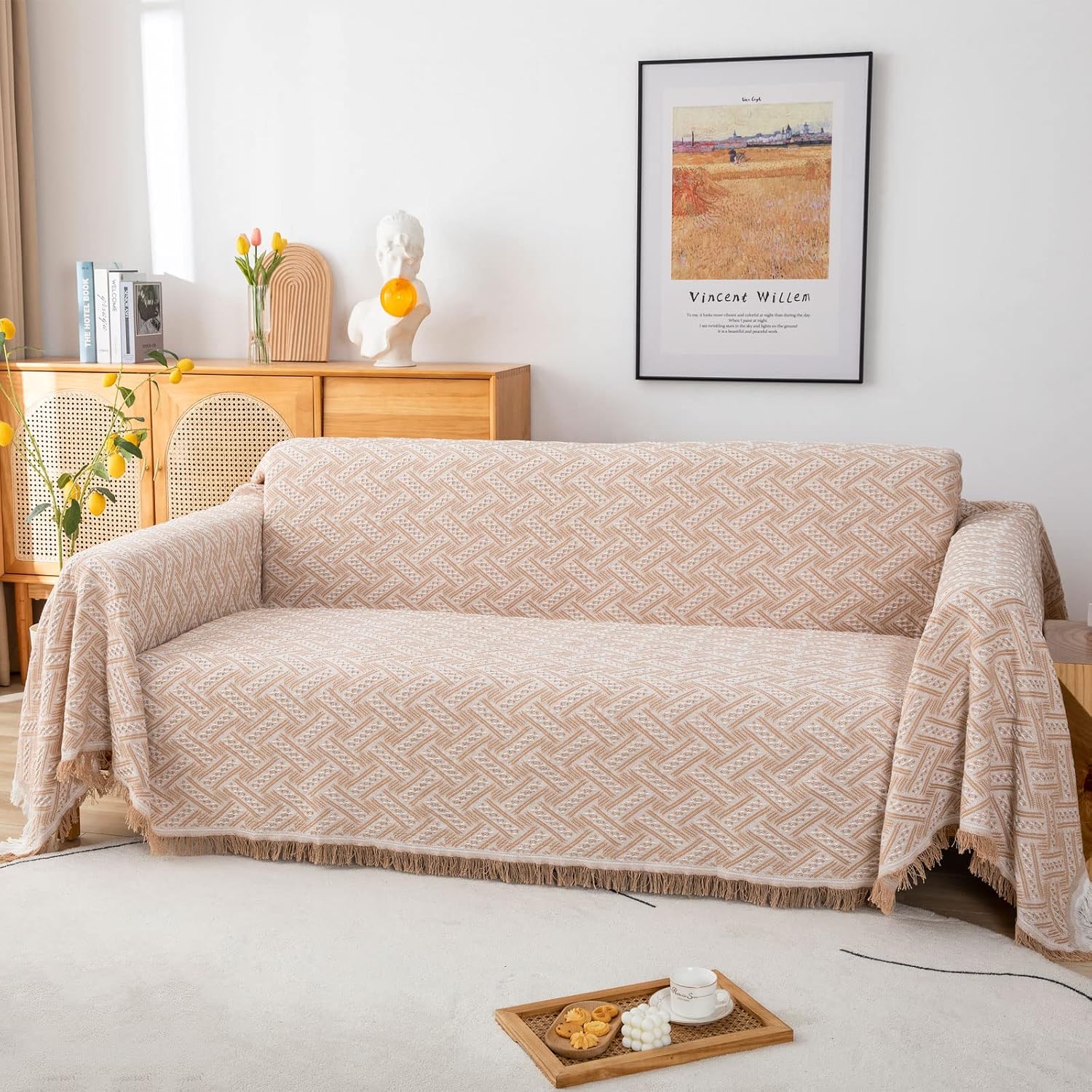 LHGOGO Sofa Throws Large 3 Seater Sofa Throw Blanket Versatile Reversible Throws for sofas Large Throws for Settees Couch Bed and Chair with Decorative Fringe 180x300cm - Khaki