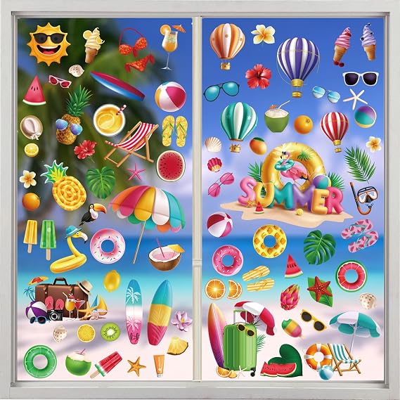Summer Window Clings for Glass Windows Decorations 10 Sheets Double-Sided Stickers Beach and Tropical Theme Glass Decals