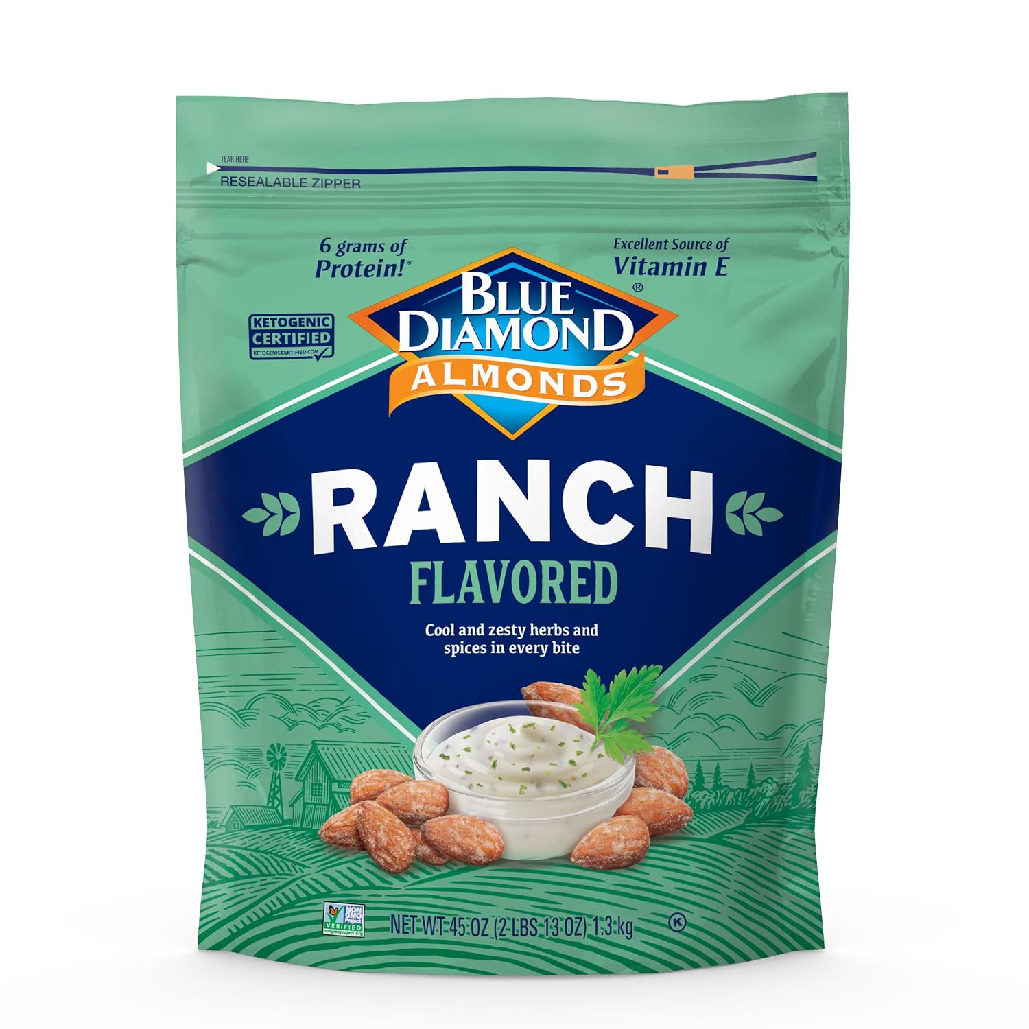 Blue Diamond Almonds, Ranch Flavored Value Bag Snack Nuts Perfect for Bulk Pantry Staples and Keto Friendly Snacking 45 Oz Resealable Bag Pack of 1