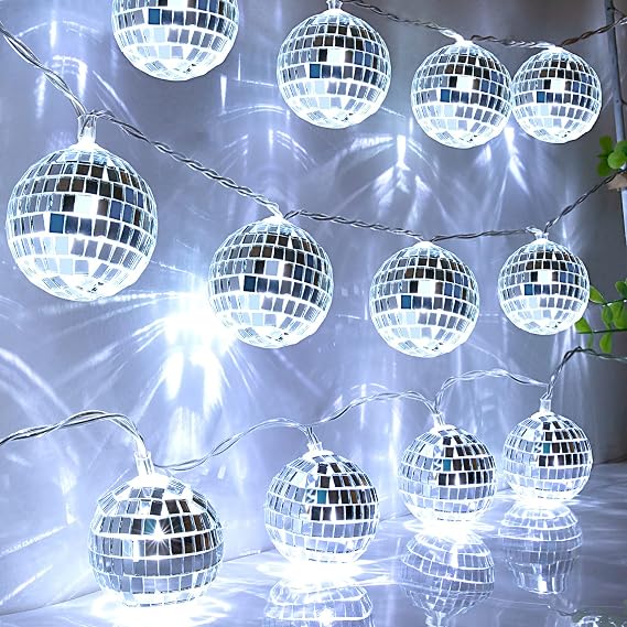 AceList 20 LED 9.8Ft Disco Ball String Light - Battery Powered and USB Plug, Disco Ball Lights for 70's Disco Party Decorations and Birthday Parties, Mamma Mia (Silver)