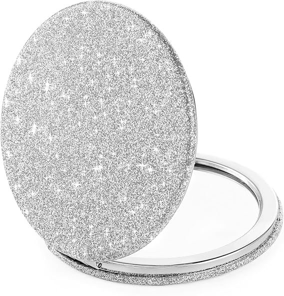 Andibro Small Glitter Compact Mirror, Folding Pocket Makeup Mirror Handheld 2-Sided 1x/2x Magnifying Cute Cosmetic Mirror Round PU Leather Mirror for Women Girls Travel(silver)