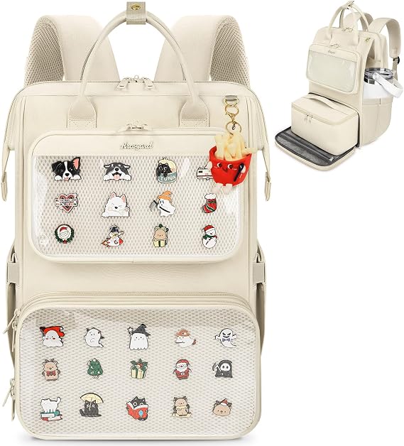 Large Ita Backpack with Lunch Compartment, Ita Bag Pin Display Lunchbox Back Pack with Insert, 15.6 Inch Laptop College Backpack for School, Travel Bookbag with Lunch Box for Commute Cosplay, Beige