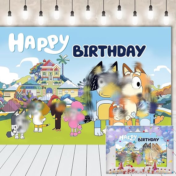 Birthday Photography Backdrop- 5x3FT Blue Happy Birthday Backdrop Banner Decorations Cartoon Theme Photo Booth Banner for Kids Party Supplies Photography Background Wedding Photo Props