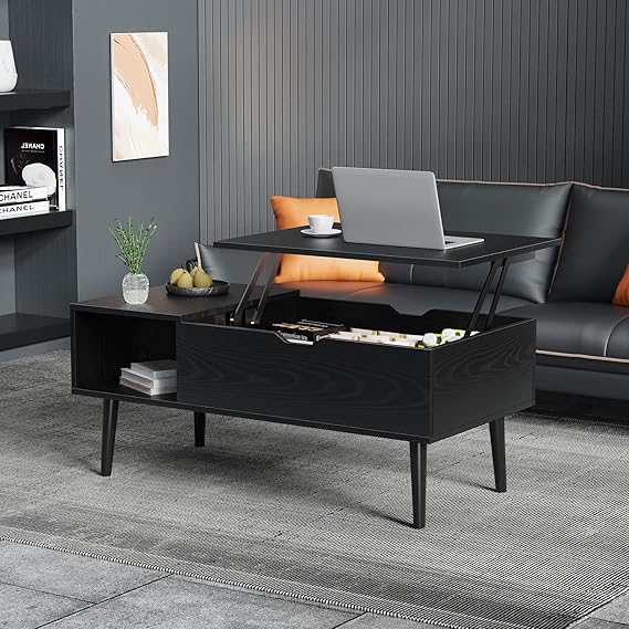 Lift Top Coffee Table, Lift Tabletop Coffee Tables with Hidden Compartment and Storage Shelf, Wood Dining Center Tables, Black