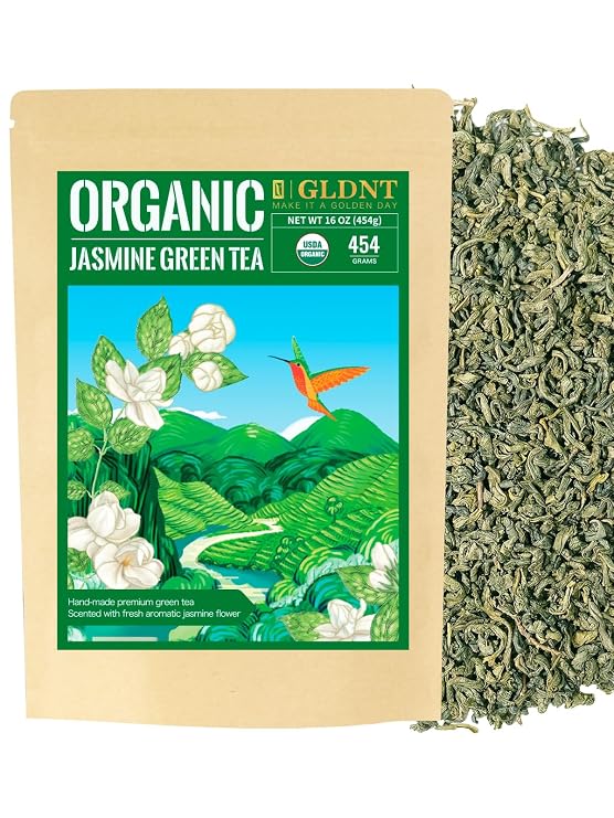 GLDNT Organic Jasmine Green Tea, Organic Jasmine Green Tea Loose leaf with Delightful Aroma, Delicate and smooth Flavor, Hot & Iced Tea, 16 Ounce