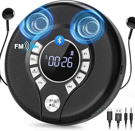 Greadio Portable Bluetooth CD Player, CD Player for Car with FM Transmitter | 2000mAh Rechargeable, 120s Anti-Skip, Supports CD/MP3, USB/AUX Output, Stereo Speaker, Headphones for Home/Road Trips (Black