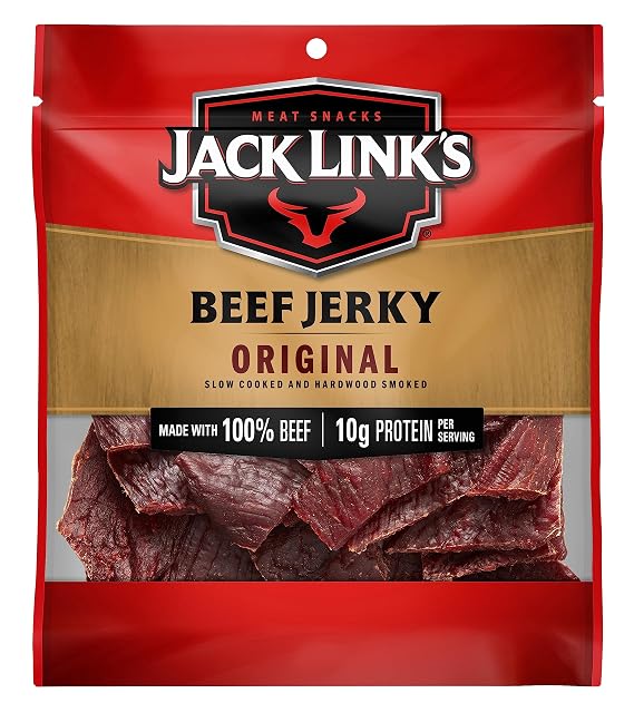 Jack Link's Beef Jerky, Original Jerky Bag Flavorful Meat Snack, Ready to Eat Protein Snack with 10g of Protein and 80 Calories, Made with 100% Beef, Keto, Paleo & Carnivore Diet Ready, 2.6 Oz,