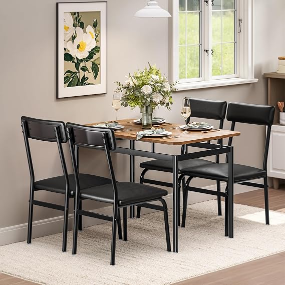 Dining Table Set for 2, 3 Piece Dinner Table with 2 Upholstered Chairs, Metal Frame Kitchen & Dining Room Sets, Modern Industrial Design, for Small Space, Apartment, Studio, Black