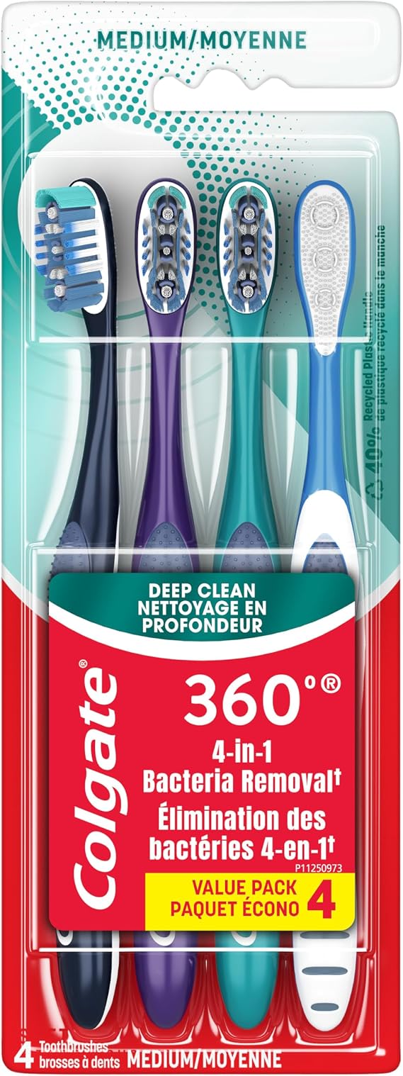 Colgate 360 Deep Clean 4-in-1 Bacteria Removal Toothbrushes, Medium, 4 Pack | Adult Toothbrush Pack, Medium Cleaning Bristles Plus Polishing Cups Help Remove Plaque and Stains, Ergonomic Handle