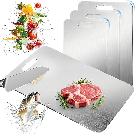 3PCS Titanium Cutting Board, BOYUNSHI Stainless Steel Chopping Boards for Kitchen Non Stick Food Grade Double-Sided Cutting Board Ideal for Meat, Vegetables, Easy to Clean