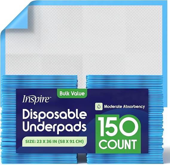 Inspire Medical Bed Linens Disposable Underpads 23 x 36 Moderate Absorbency Waterproof Bed Pads for Hospital Beds, Patient Care, Incontinence & Medical Surface Protection 150 Count