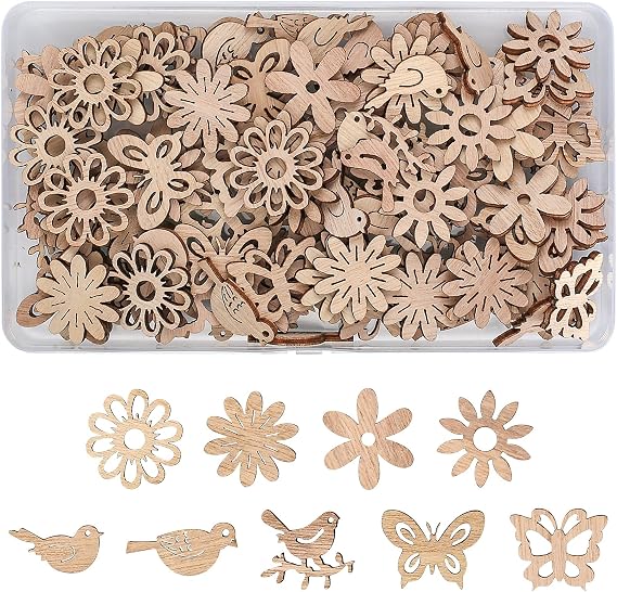Pack of 110 Wooden Decorative Butterflies Flowers Birds for Table Decoration