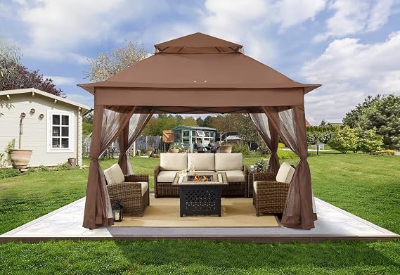 11x11FT Pop Up Gazebo Tent with Mosquito Netting, Brown | Clearance Gazebo,Outdoor Gazebo,for Patio Furniture,Garden,Pop up Canopy,Folding