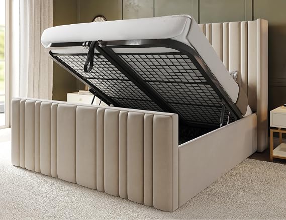 Brixton Wingback King Size Bed Frame with Storage, Modern Velvet Ottoman King Size Beds with storage, Luxury Frame with Metal Mesh Base & 48" Headboard, Storage Bed in Cream Plush