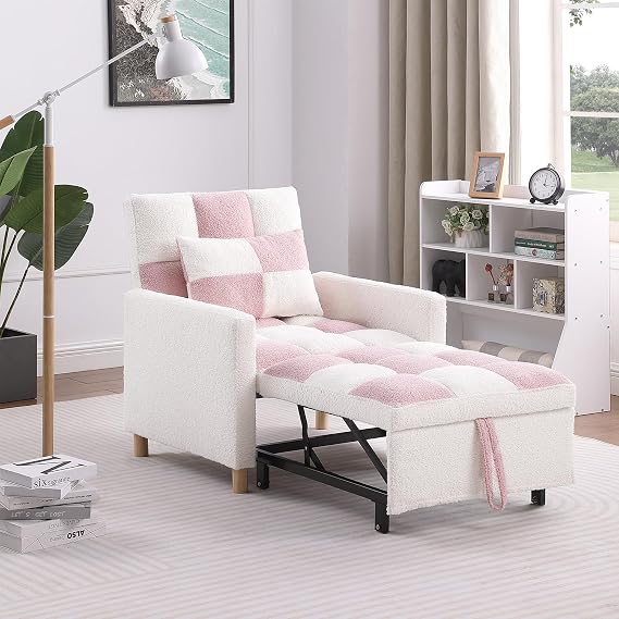 Sleeper Chair Bed,Convertible Single Sofa Chair Bed with Pillow,Pull Out Sleeper Bed with Adjustable Backrest,Multi-Functiona Lounge Chair with Teddy Fabric for Living Room(Pink+White)